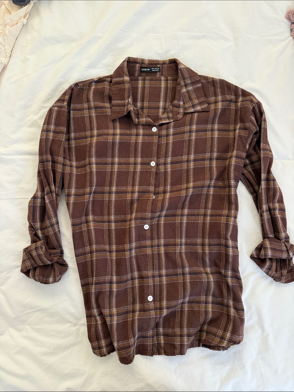 SHEIN Brown Plaid Button-Down Shirt with Cream Accents medium US6